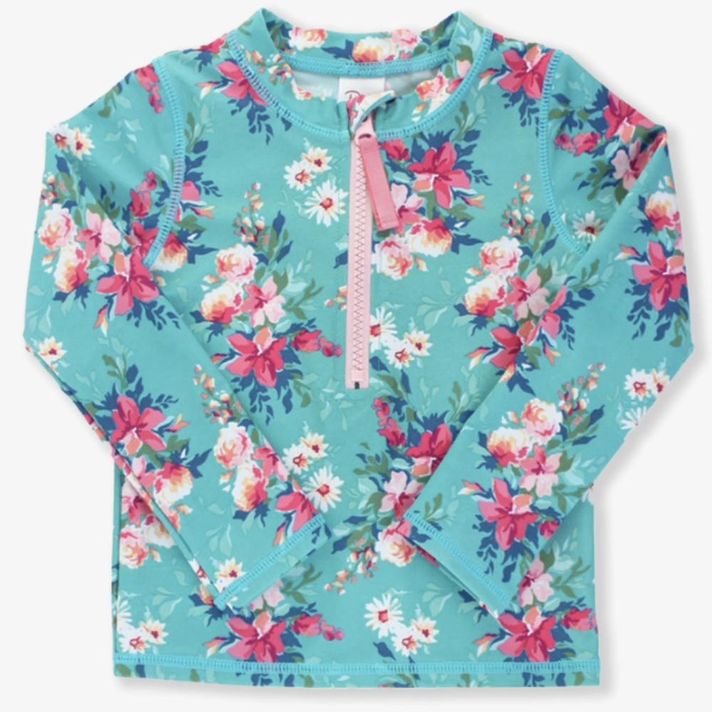 LIKE NEW Ruffle Butts Infant Long Sleeve Zipper Rash Guard in Fancy Me Floral